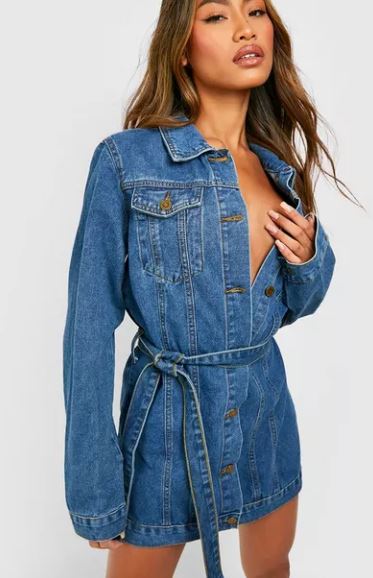 denim dress, denim jacket, belted dress