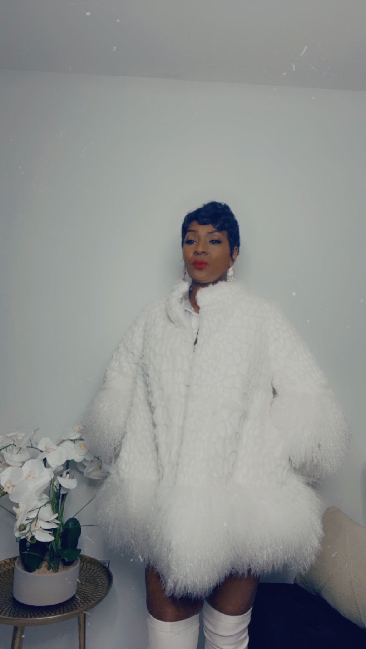 fur coat, faux fur, white faux fur
