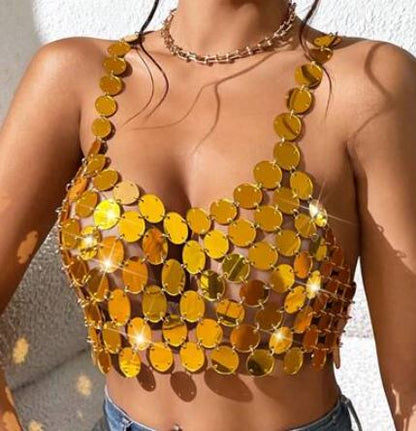 colorful cami, sequin top, halter top, gold top