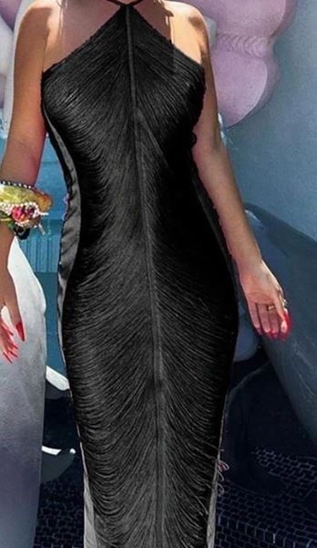long fringe dress, black fringe dress